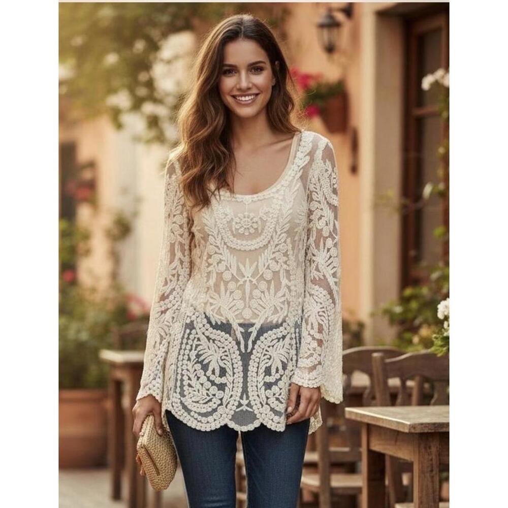 Cream Crochet Lace Blouse with Floral Embroidery